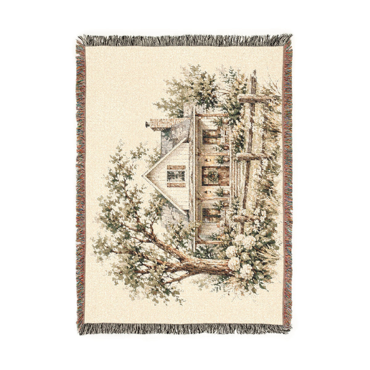 Cottage Home Illustration Woven Blanket | Cozy House Tapestry Throw