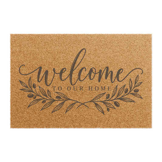 Welcome Doormat – “Welcome to Our Home” Coir Entry Mat with Rustic Leaf Design