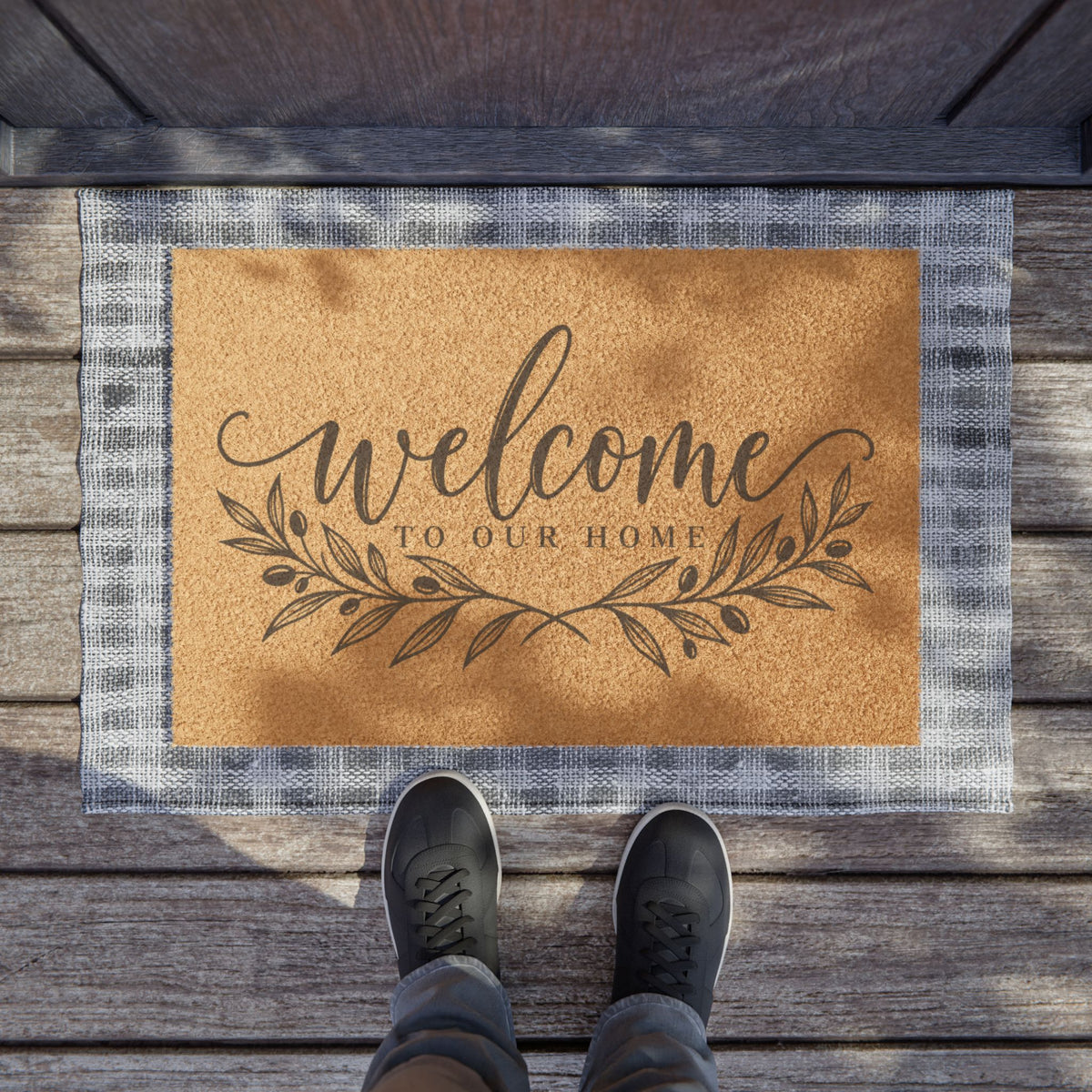 Welcome Doormat – “Welcome to Our Home” Coir Entry Mat with Rustic Leaf Design