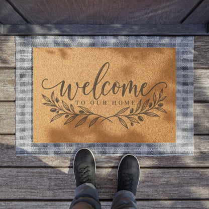 Welcome Doormat – “Welcome to Our Home” Coir Entry Mat with Rustic Leaf Design