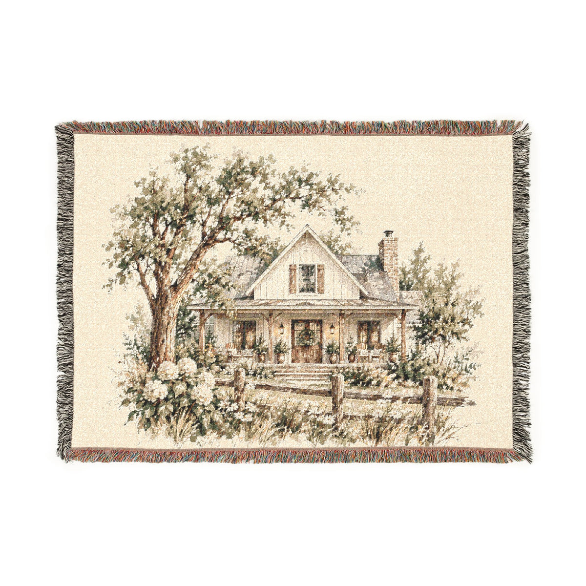 Cottage Home Illustration Woven Blanket | Cozy House Tapestry Throw