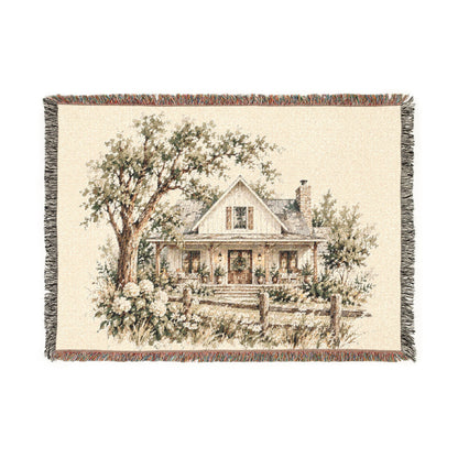 Cottage Home Illustration Woven Blanket | Cozy House Tapestry Throw