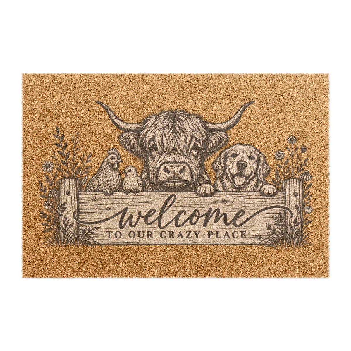 Welcome to Our Crazy Place Doormat | Highland Cow, Dog & Chickens Coir Mat