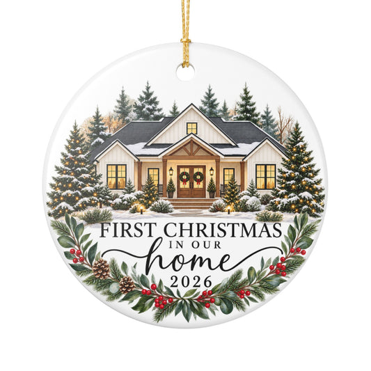 First Christmas in Our Home 2026 Ceramic Ornament — Personalized New Home Holiday Decoration