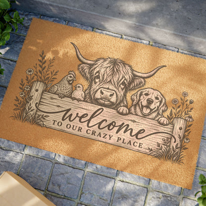 Welcome to Our Crazy Place Doormat | Highland Cow, Dog & Chickens Coir Mat
