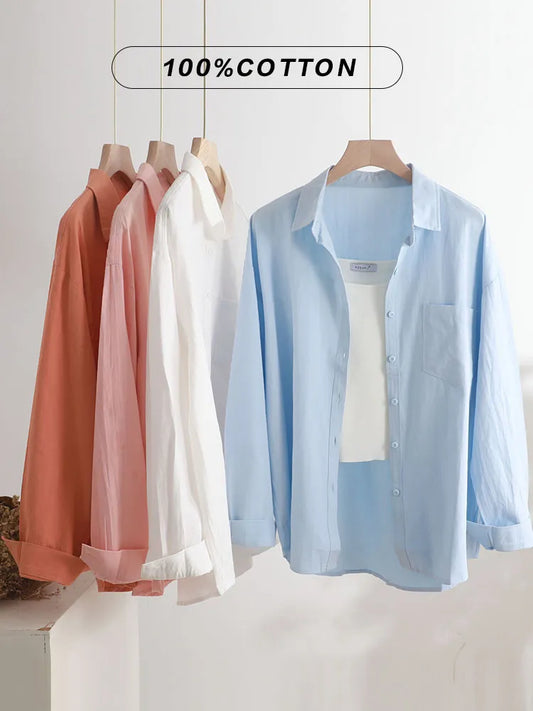 100% Cotton/Linen Blend Loose Blouse Shirt Women