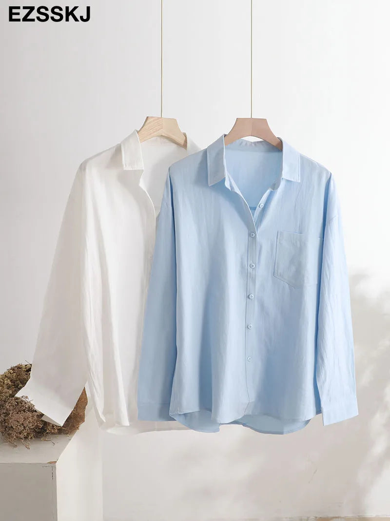 100% Cotton/Linen Blend Loose Blouse Shirt Women