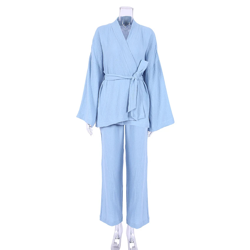 Long Sleeve Loungewear 100% Cotton Nightgown Robe Pajama Set