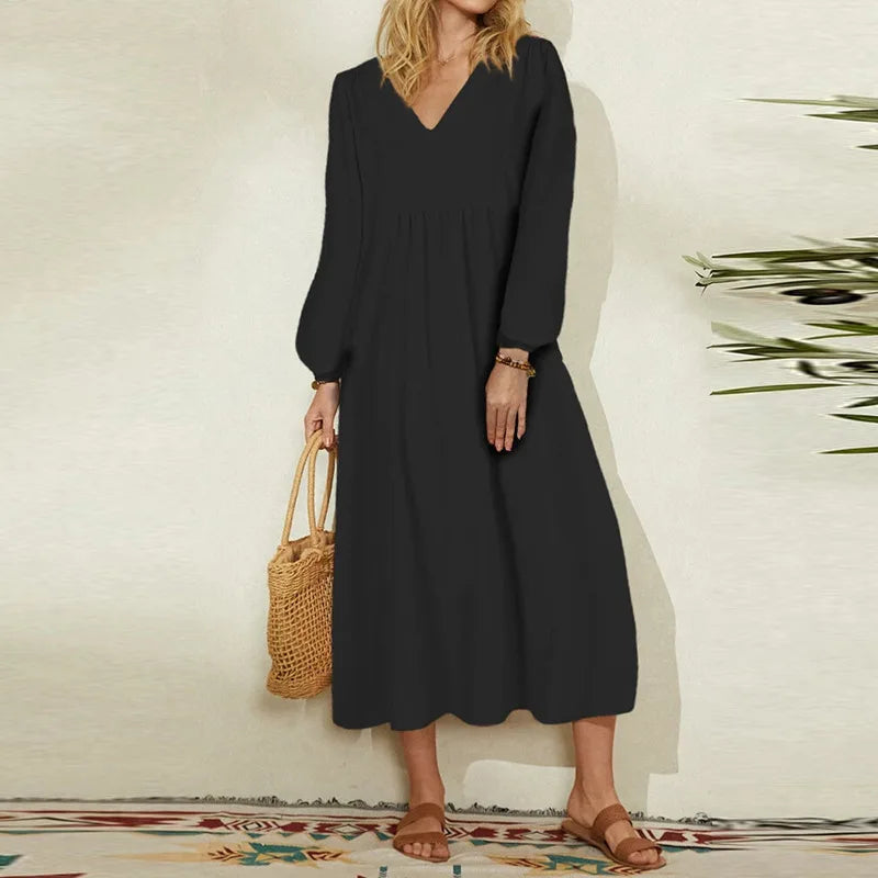 Women's Cotton and Linen Lantern Sleeve Dress