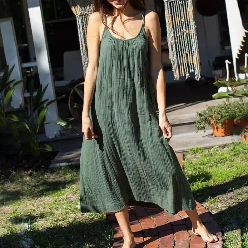 Casual 100% Cotton Summer Women's Long Dress Loose Solid Sleeveless