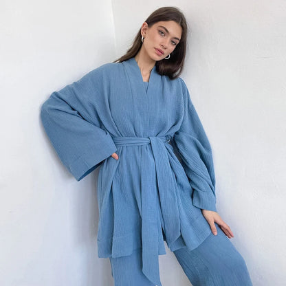 Long Sleeve Loungewear 100% Cotton Nightgown Robe Pajama Set