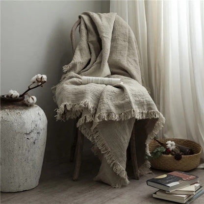 High Quality Pure French Flax Linen Blanket with Handmade Fringe Tassel