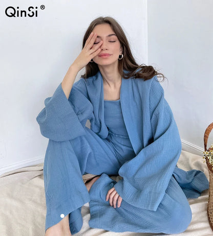 Long Sleeve Loungewear 100% Cotton Nightgown Robe Pajama Set