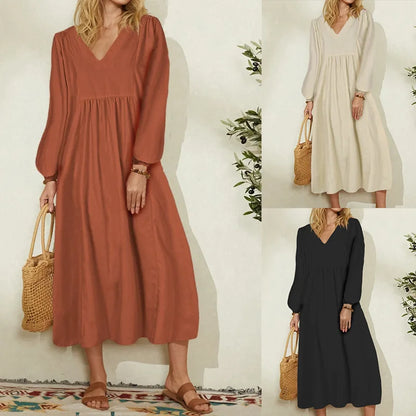 Women's Cotton and Linen Lantern Sleeve Dress