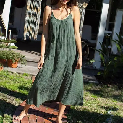 Casual 100% Cotton Summer Women's Long Dress Loose Solid Sleeveless