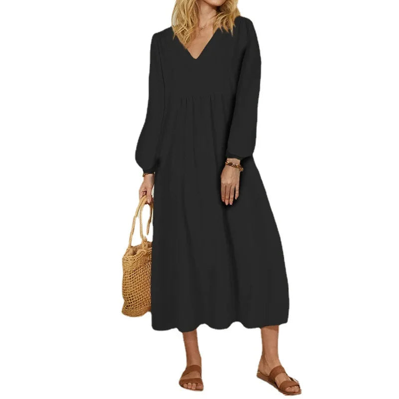 Women's Cotton and Linen Lantern Sleeve Dress