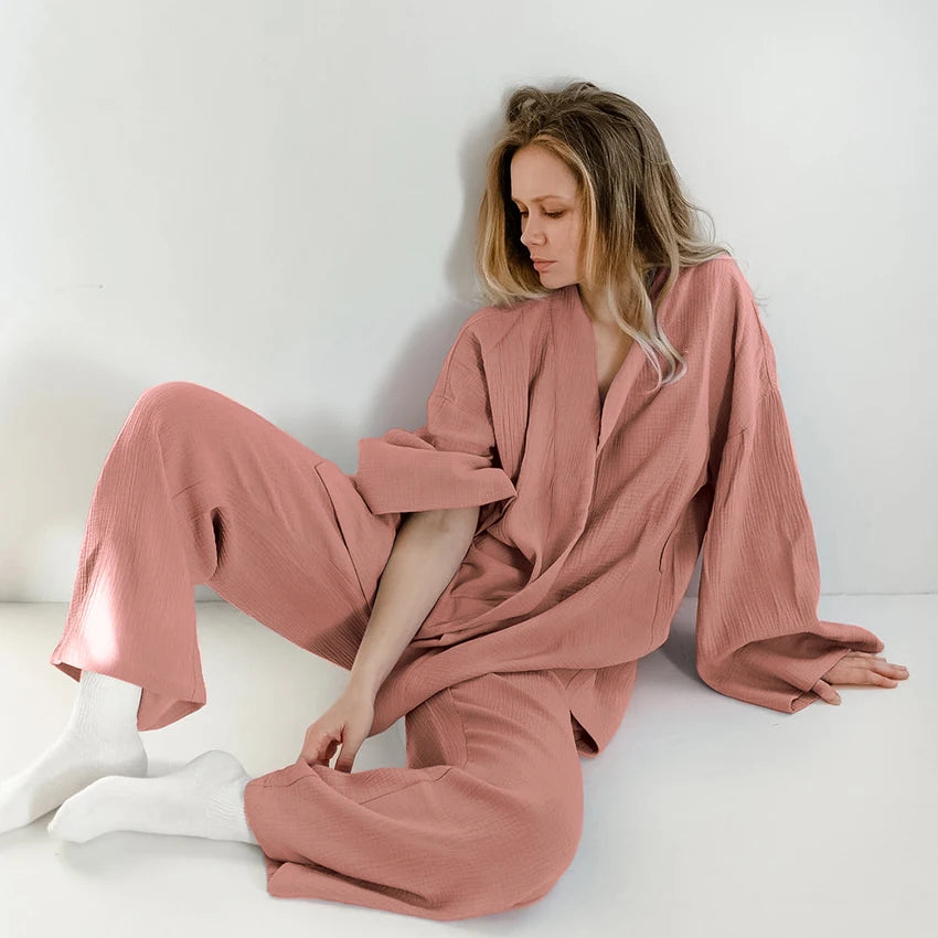 Long Sleeve Loungewear 100% Cotton Nightgown Robe Pajama Set