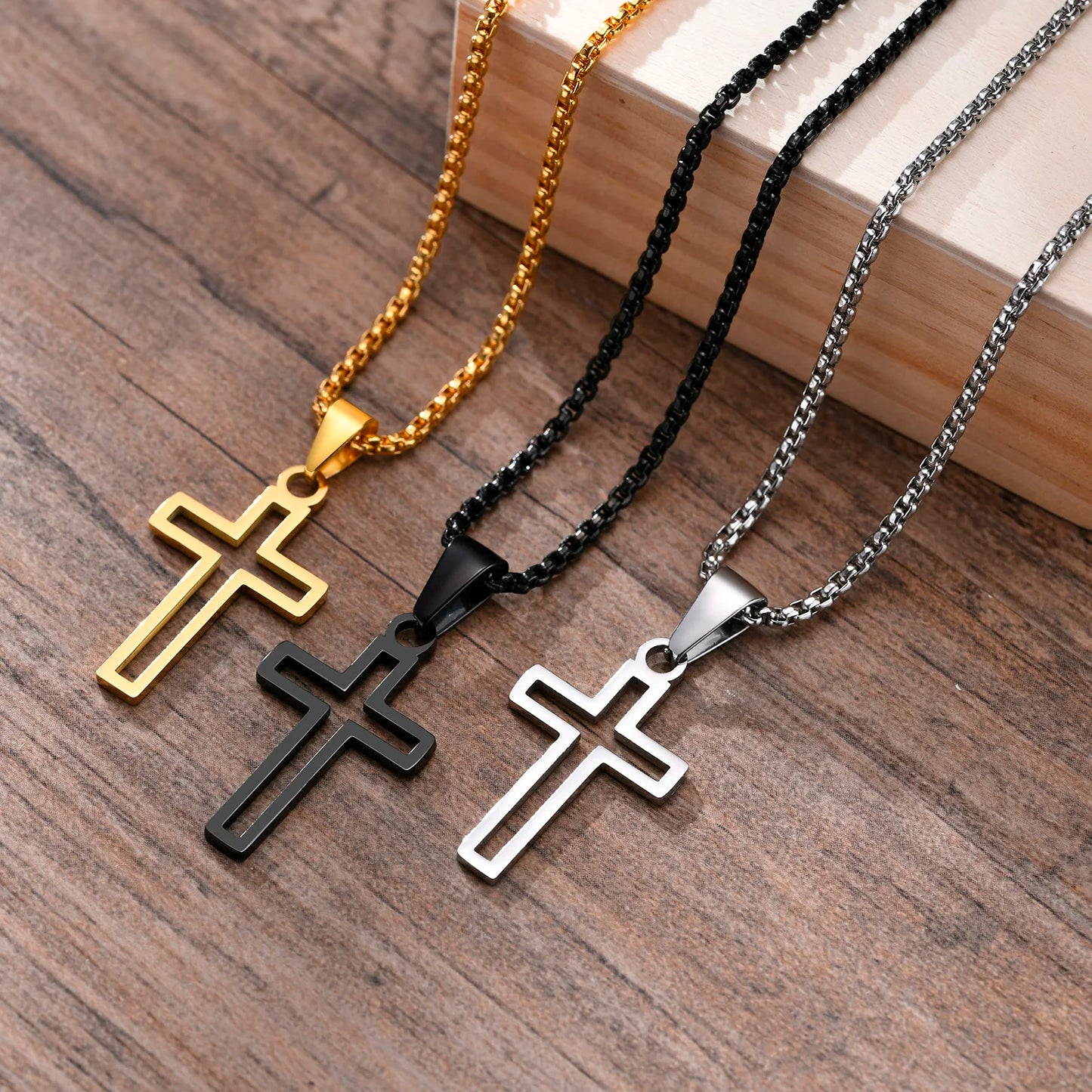 Mens Waterproof Stainless Steel Hollow Cross Pendant Necklace