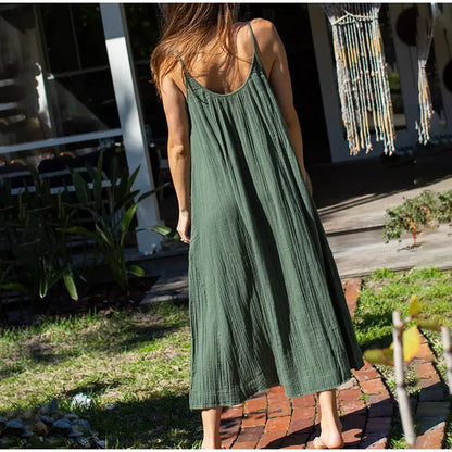 Casual 100% Cotton Summer Women's Long Dress Loose Solid Sleeveless