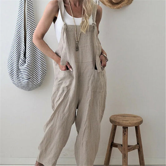 Women 100% Linen Harem Pants and Strap Loose Jumpsuit