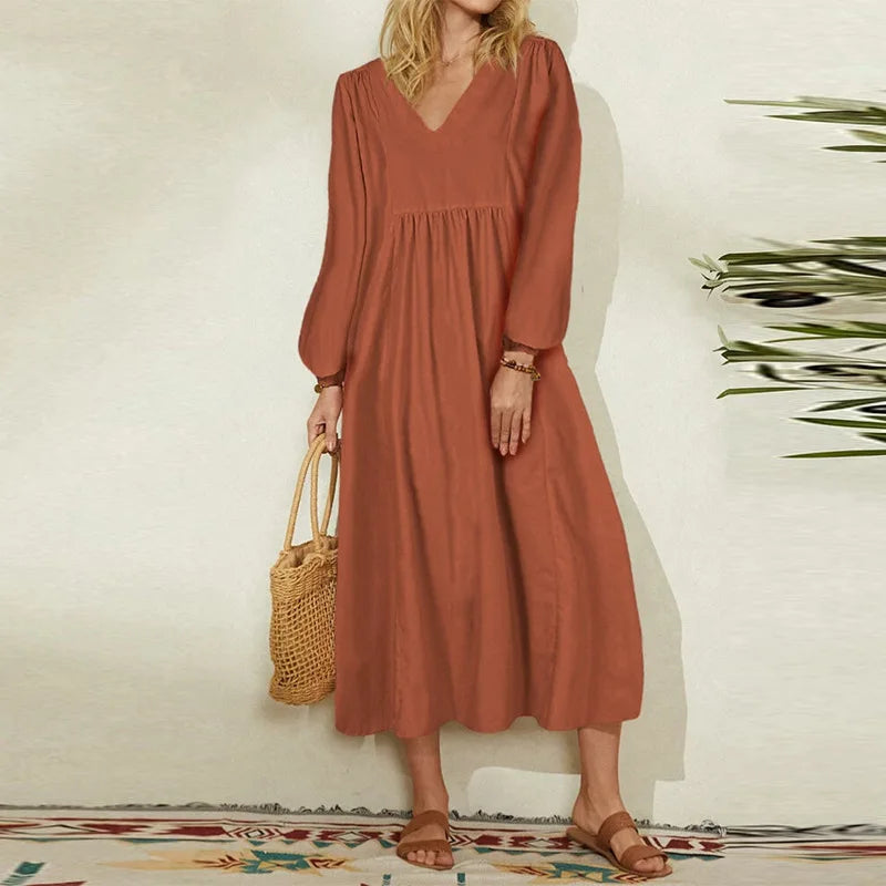 Women's Cotton and Linen Lantern Sleeve Dress