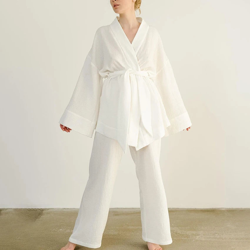 Long Sleeve Loungewear 100% Cotton Nightgown Robe Pajama Set