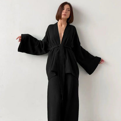 Long Sleeve Loungewear 100% Cotton Nightgown Robe Pajama Set