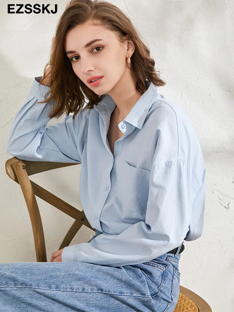 100% Cotton/Linen Blend Loose Blouse Shirt Women