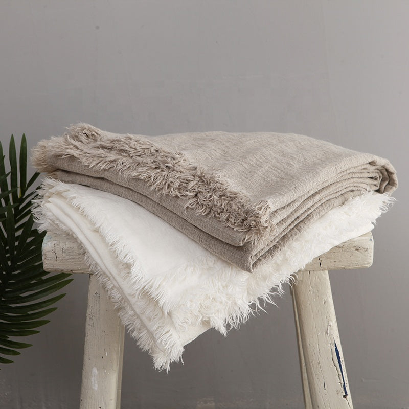 High Quality Pure French Flax Linen Blanket with Handmade Fringe Tassel