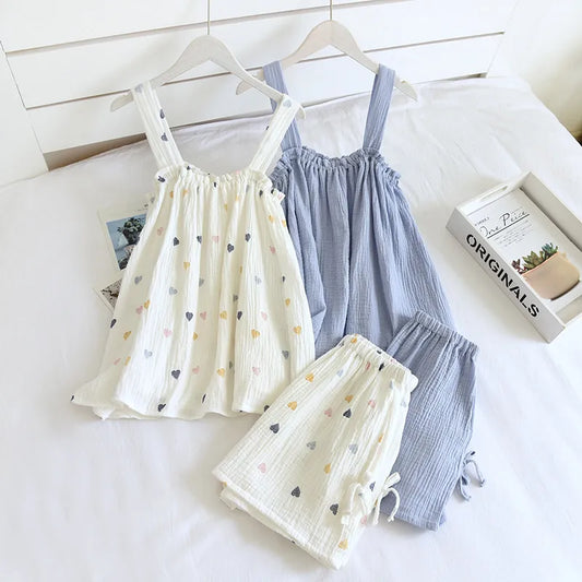 Ladies Pajamas Two-Piece 100% Cotton Crepe Shorts and Tank