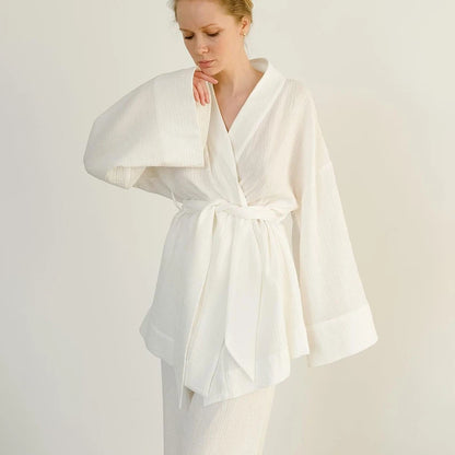 Long Sleeve Loungewear 100% Cotton Nightgown Robe Pajama Set