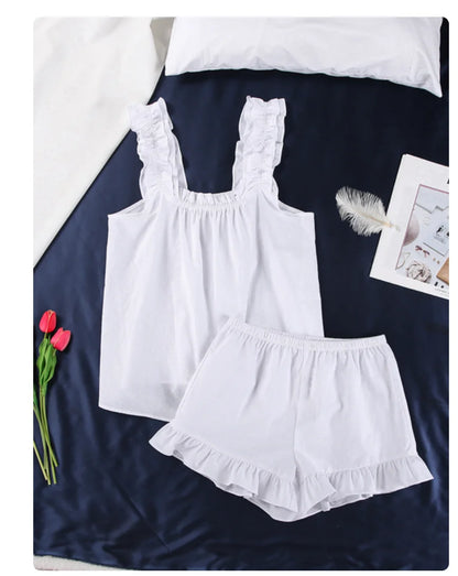 100% Cotton Square Neck Womens Frilled Casual Sleepwear Short and Tank Set