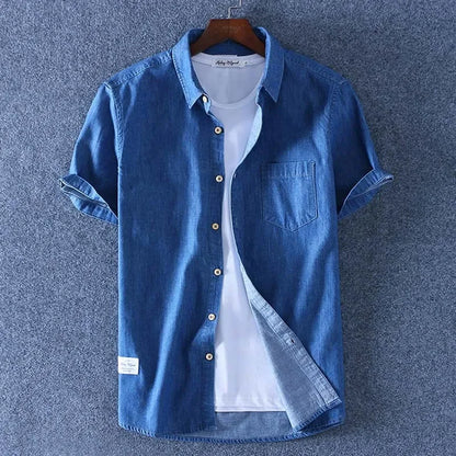 Men 100% Cotton Short Sleeve Casual Denim Shirt