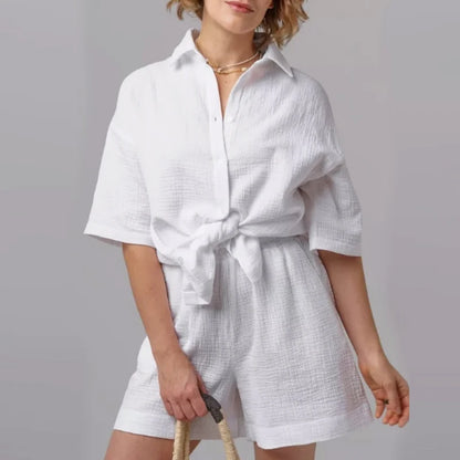 Muslin 100% Cotton Elegant Women's Sets Button Up Shirts Top + Shorts Set