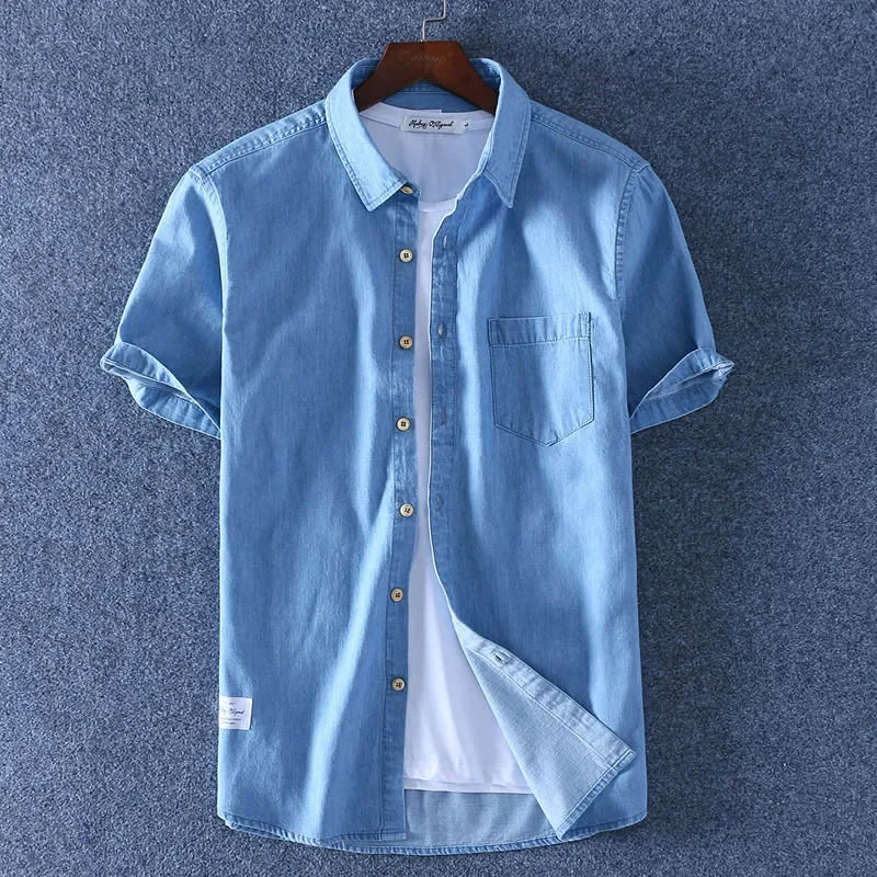 Men 100% Cotton Short Sleeve Casual Denim Shirt