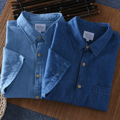 Men 100% Cotton Short Sleeve Casual Denim Shirt