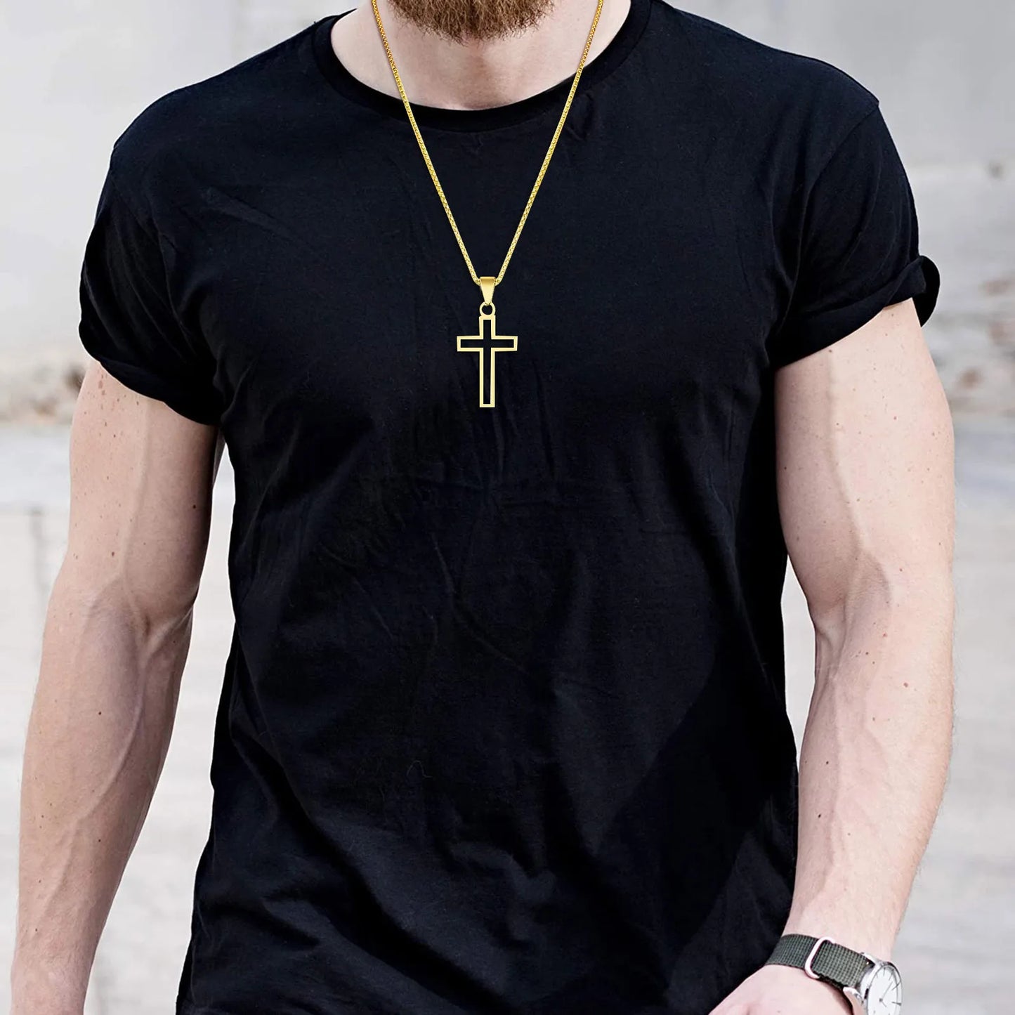 Mens Waterproof Stainless Steel Hollow Cross Pendant Necklace