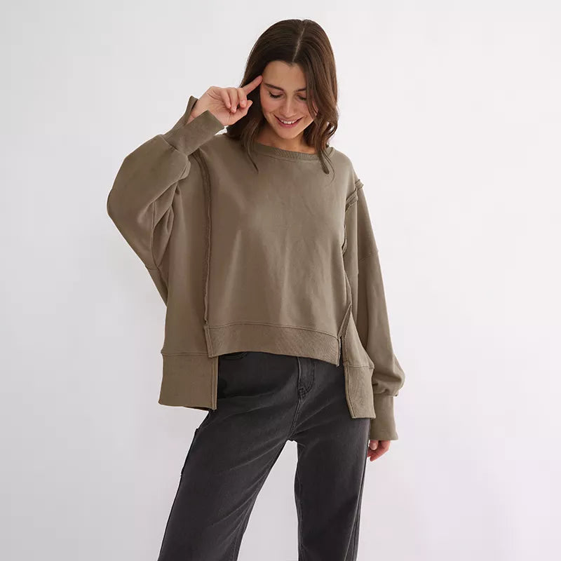 Oversized 100% Cotton Women Sweatshirts Patchwork Open Side Streetwear