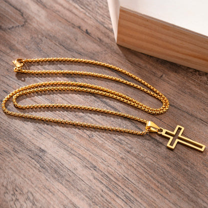 Mens Waterproof Stainless Steel Hollow Cross Pendant Necklace