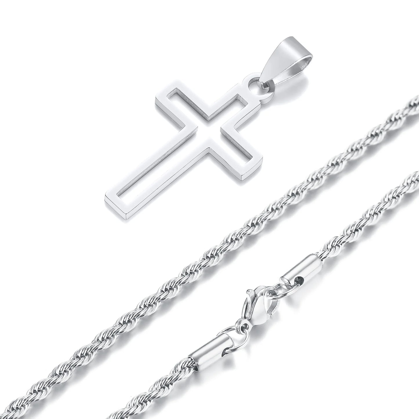 Mens Waterproof Stainless Steel Hollow Cross Pendant Necklace