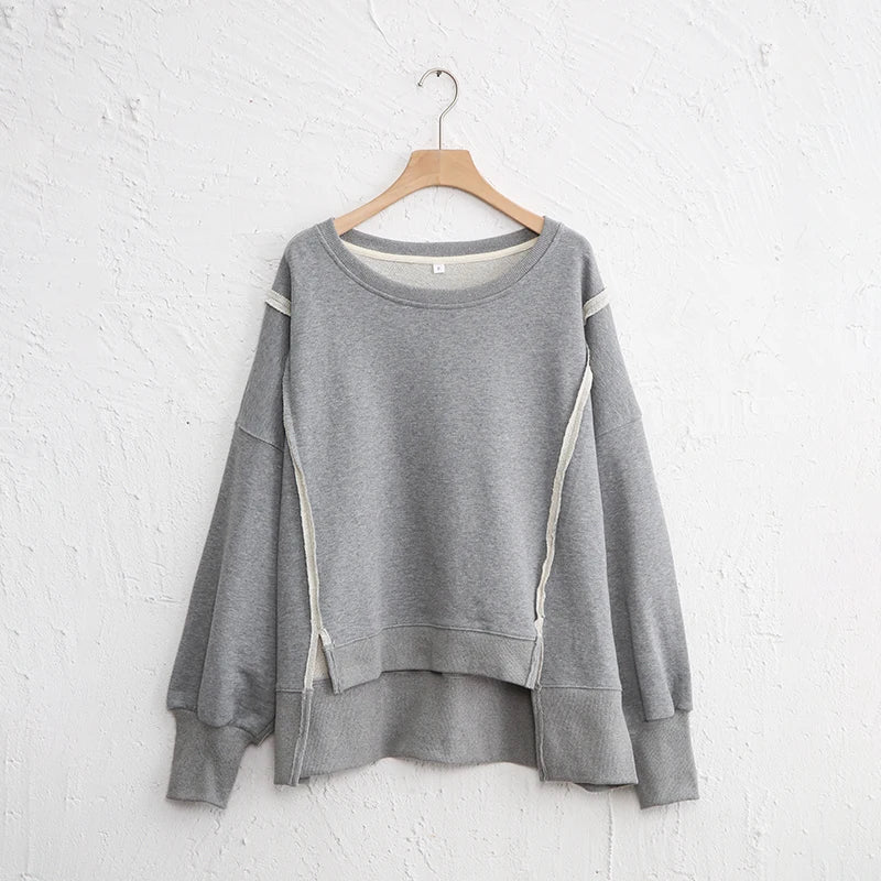 Oversized 100% Cotton Women Sweatshirts Patchwork Open Side Streetwear