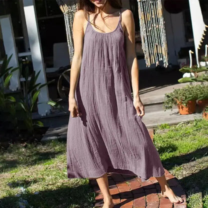 Casual 100% Cotton Summer Women's Long Dress Loose Solid Sleeveless