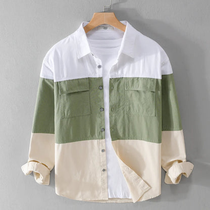 Designer 100% Pure Cotton Long-Sleeve Patchwork Colorblock Shirt