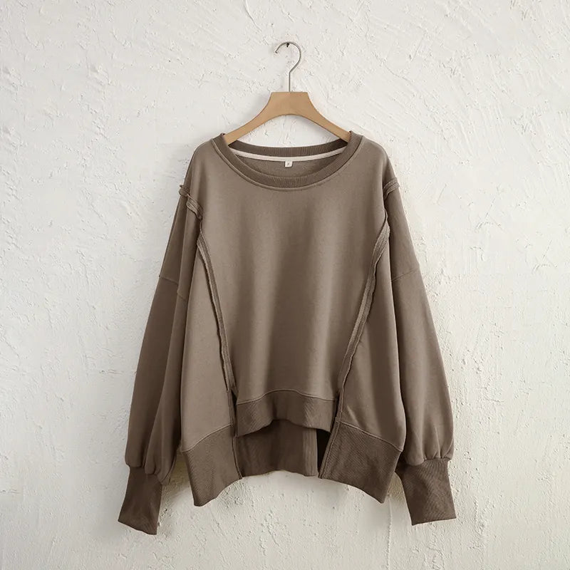 Oversized 100% Cotton Women Sweatshirts Patchwork Open Side Streetwear