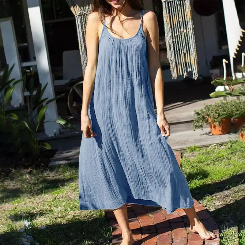 Casual 100% Cotton Summer Women's Long Dress Loose Solid Sleeveless