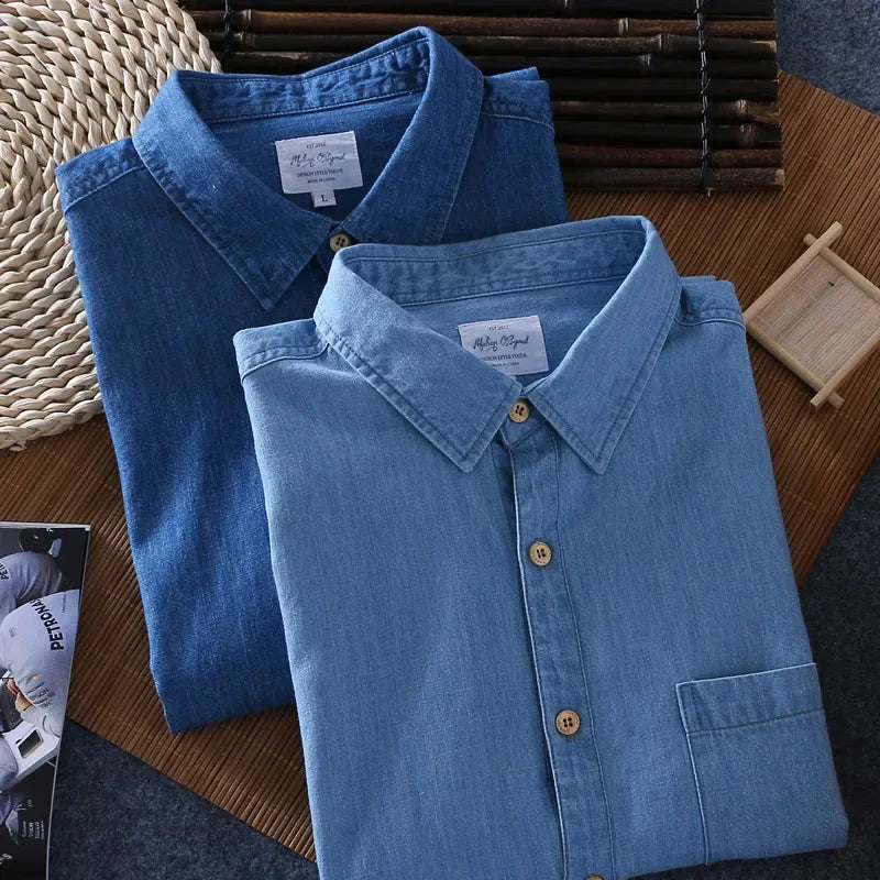 Men 100% Cotton Short Sleeve Casual Denim Shirt