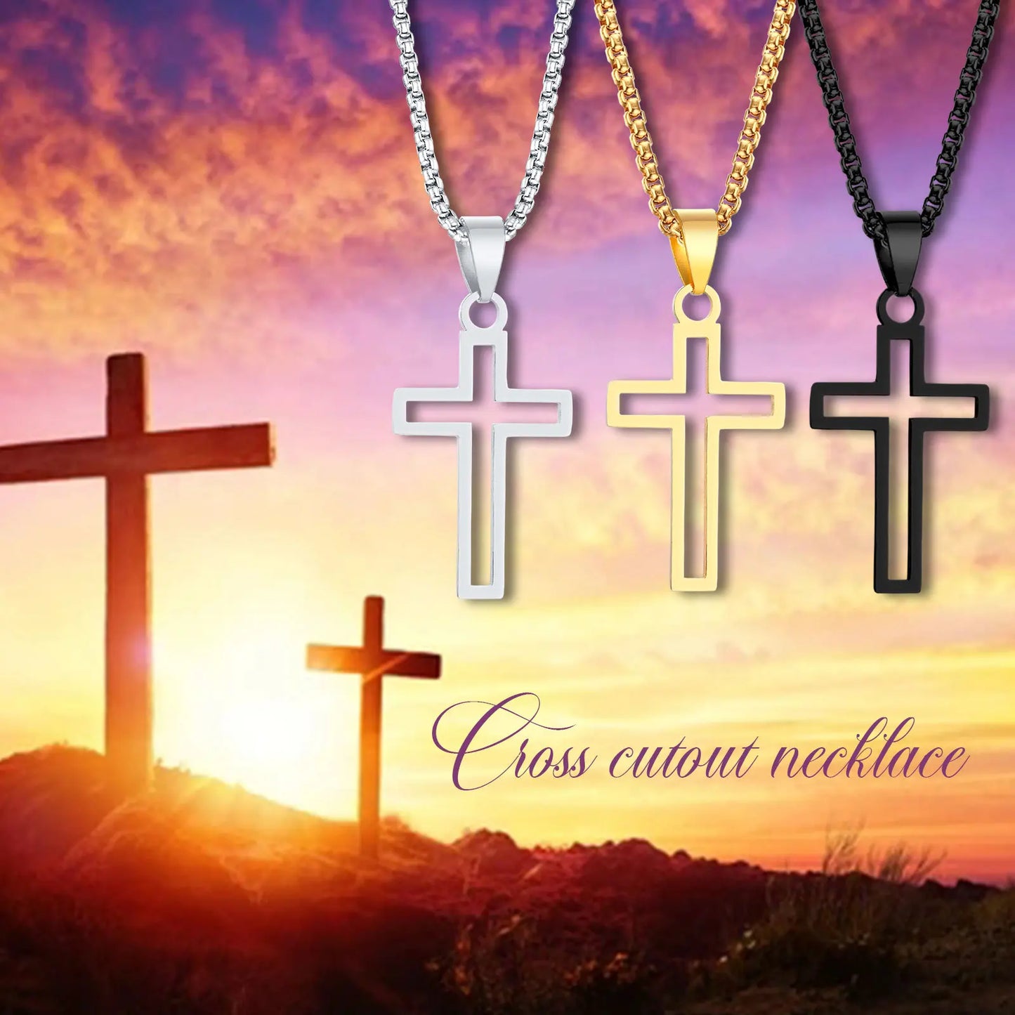 Mens Waterproof Stainless Steel Hollow Cross Pendant Necklace