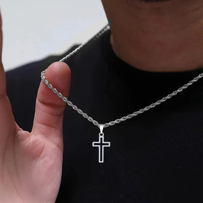 Mens Waterproof Stainless Steel Hollow Cross Pendant Necklace