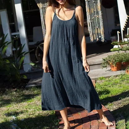 Casual 100% Cotton Summer Women's Long Dress Loose Solid Sleeveless