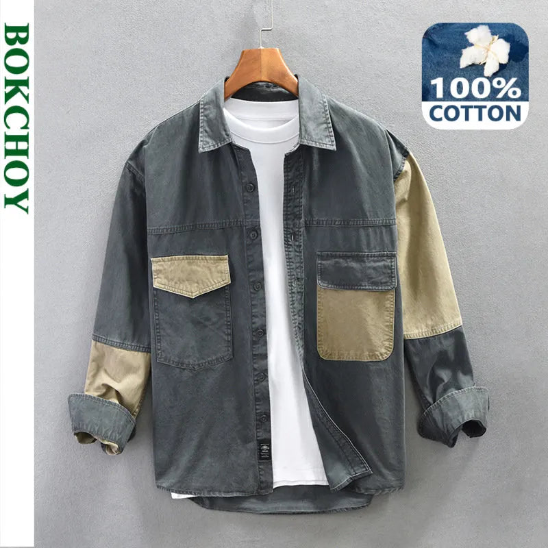 Spring Cargo Casual Patchwork Shirt Men Big Pockets 100% Cotton